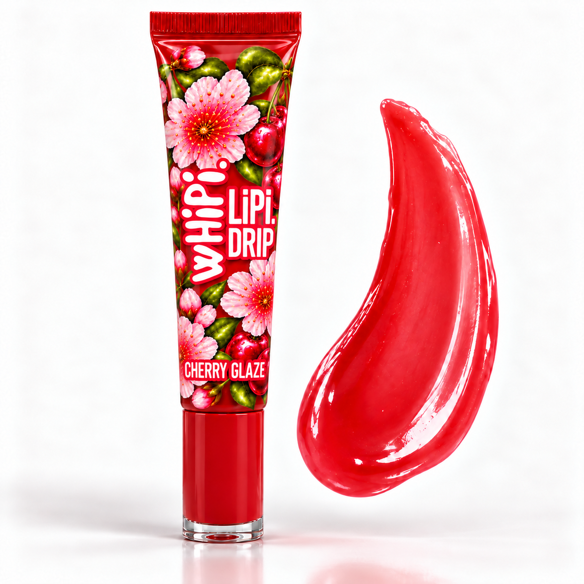 Cherry Glaze wHiPi. LiPi. with floral and cherry label and matching cosmetic color swatch