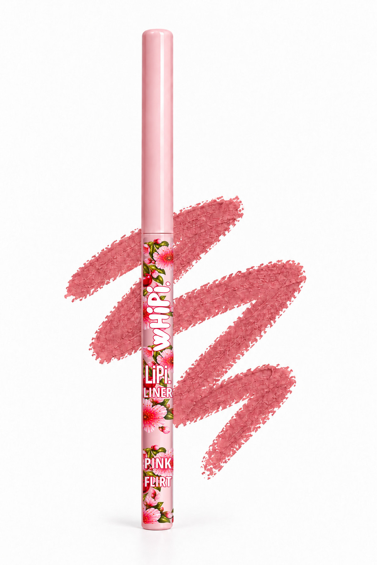Pink Flirt wHiPi. LiPi. with floral and cherry label and matching cosmetic color swatch