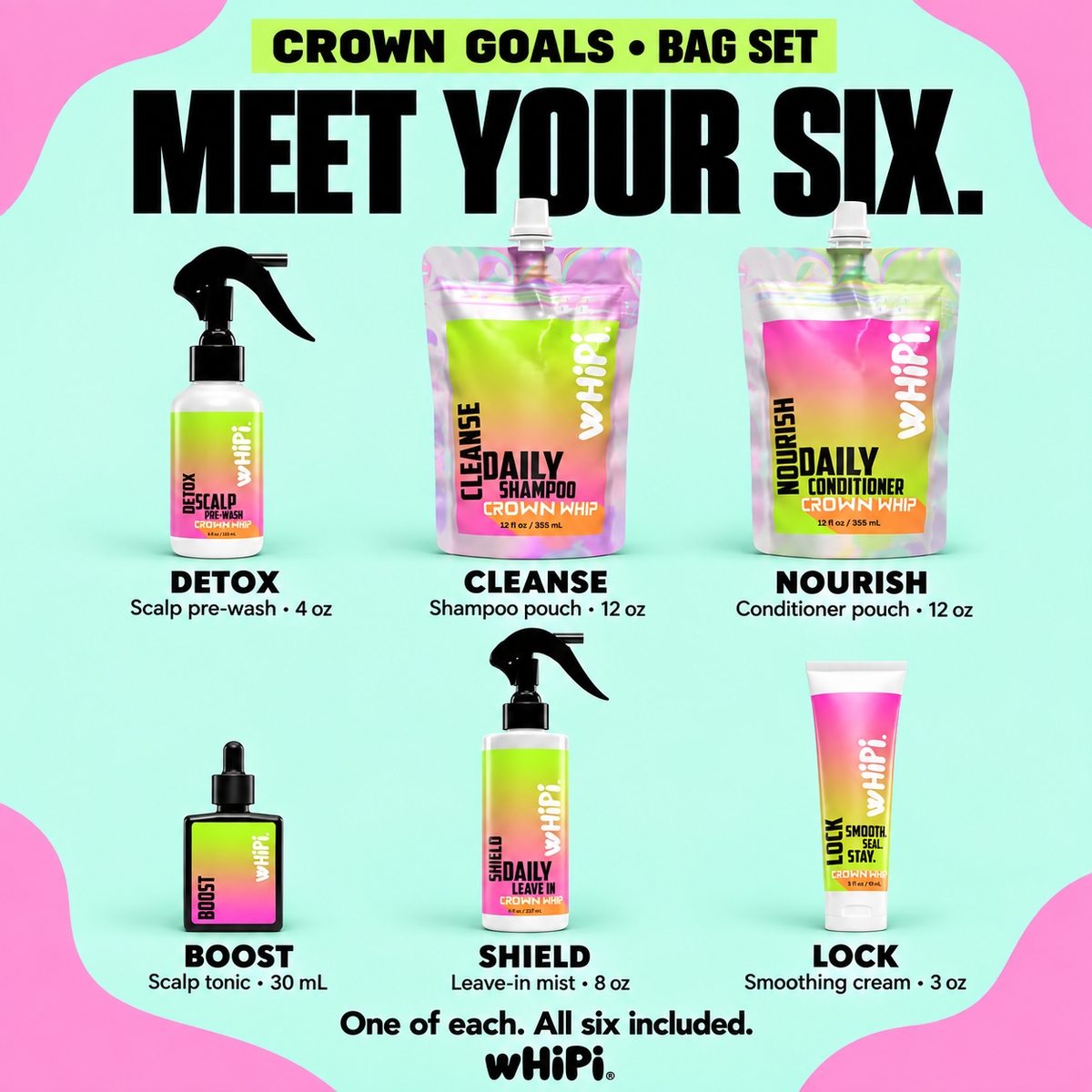 Six products included in Crown Goals bag set, with each product's exact size and packaging.