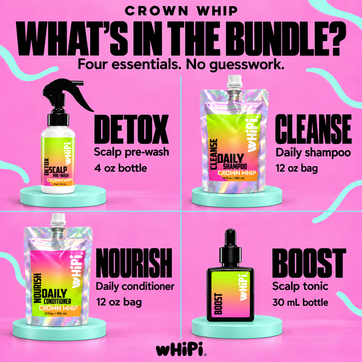 What's inside Start at the Root: Detox scalp pre-wash 4 oz, Cleanse shampoo 12 oz bag, Nourish conditioner 12 oz bag, Boost scalp tonic 30 mL.