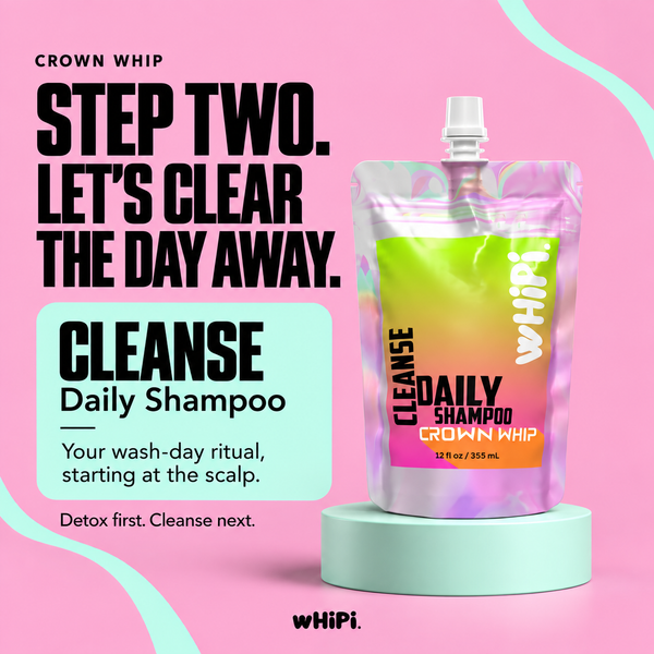Crown Whip Cleanse 12 oz shampoo pouch on a mint pedestal, with Step Two wash-day introduction on a pink background.