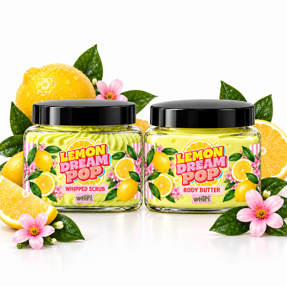 Lemon Dream Pop Body Duo by wHiPi.: 8 oz Whipped Sugar Body Scrub and 8 oz Body Butter jars with lemons on white.