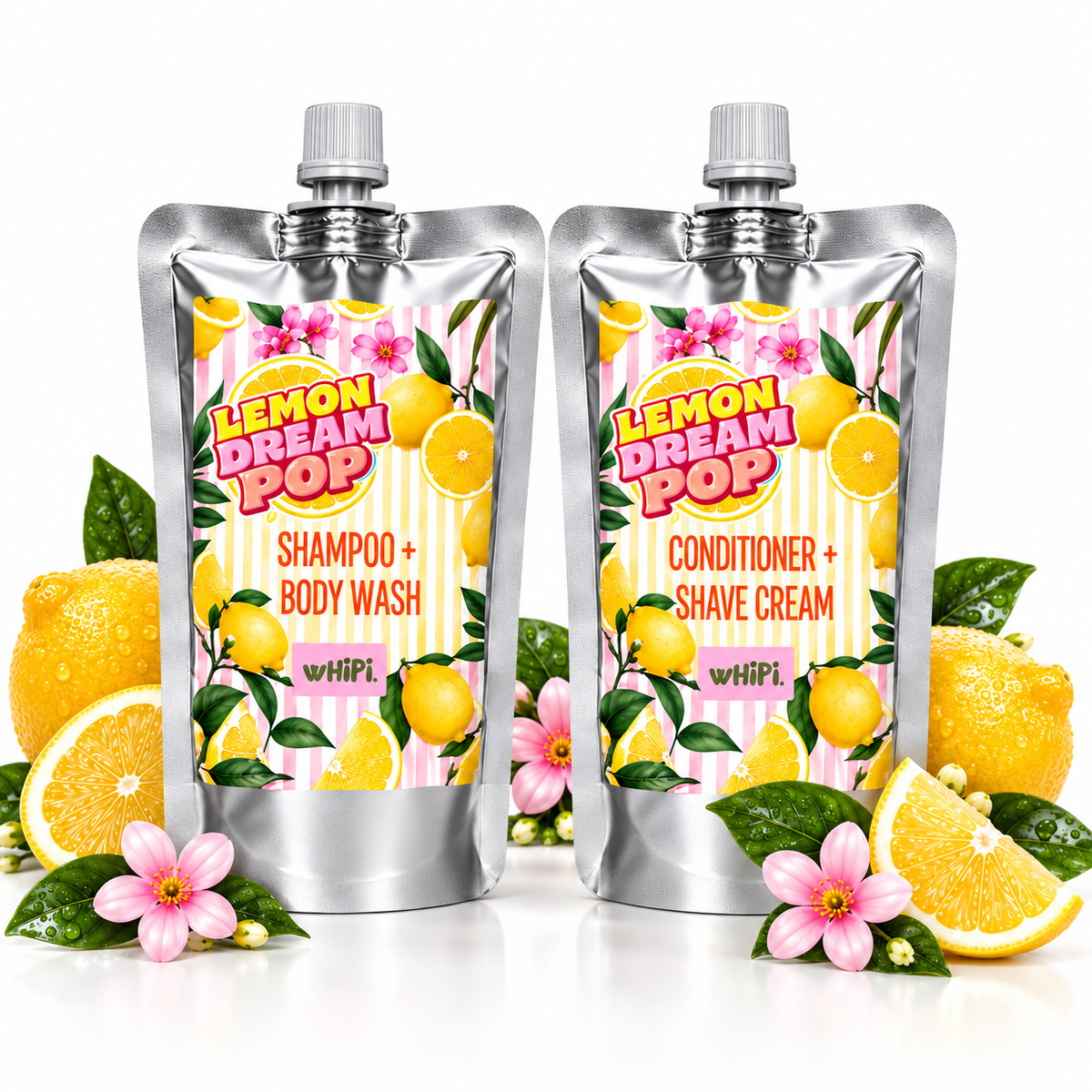 Lemon Dream Pop Hair Duo by wHiPi.: Shampoo + Body Wash and Conditioner + Shave Cream pouches with lemons on white.