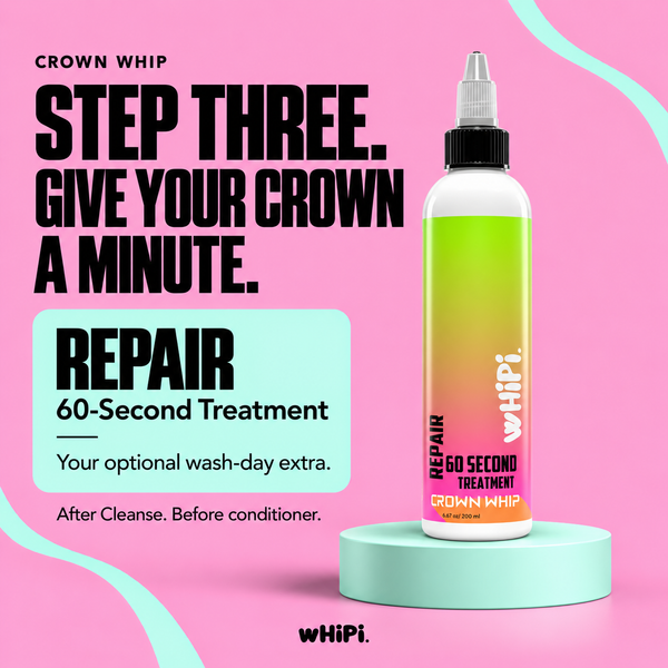 Crown Whip Repair 6.67 oz bottle on a mint pedestal, with Step Three introduction on a pink background.