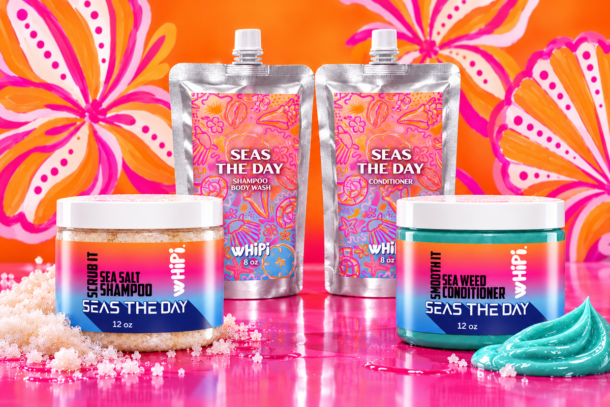 Seas The Day shampoo and conditioner pouches with Scrub It sea salt shampoo and Smooth It seaweed mask