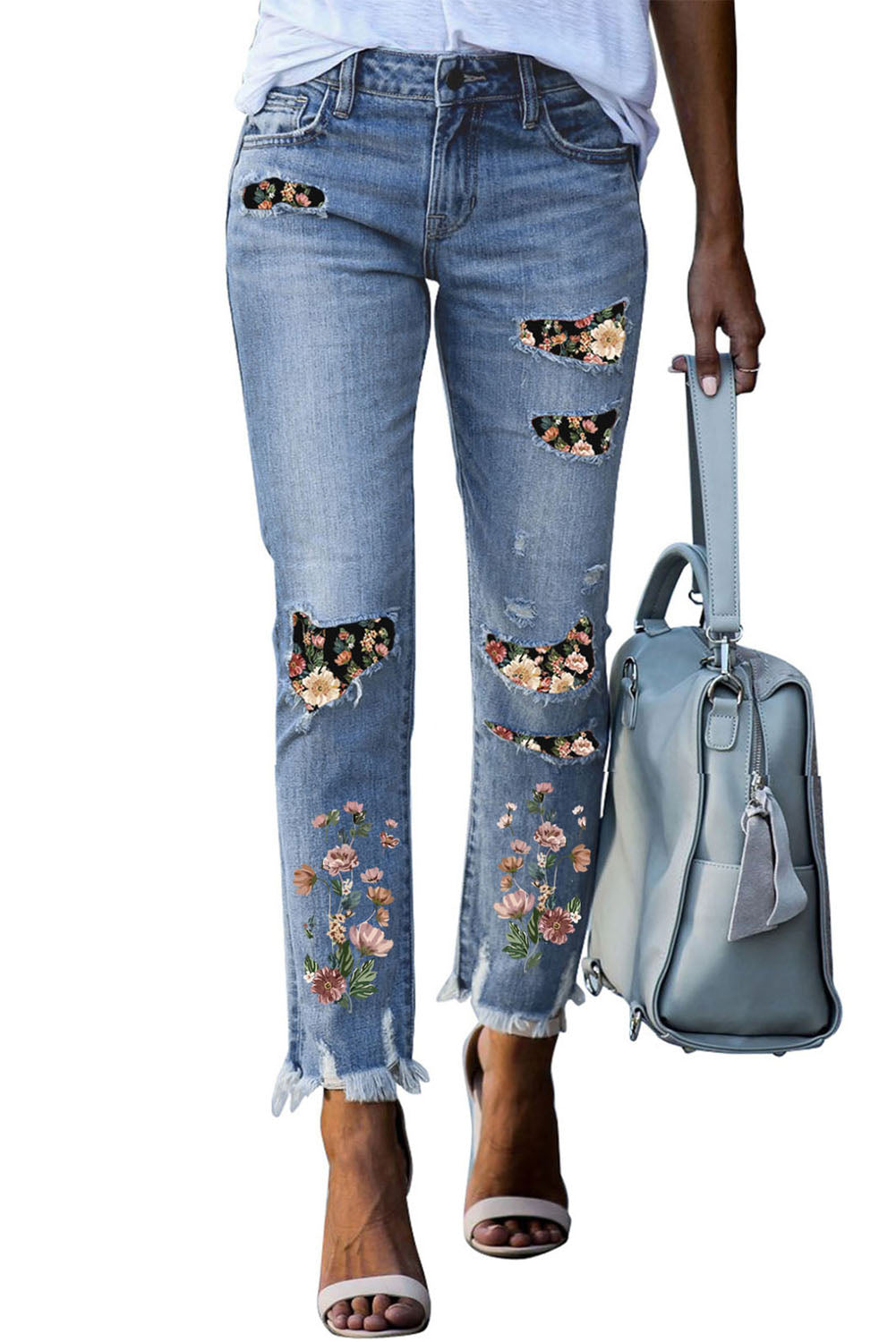 Printed Patch Ripped Skinny Jeans