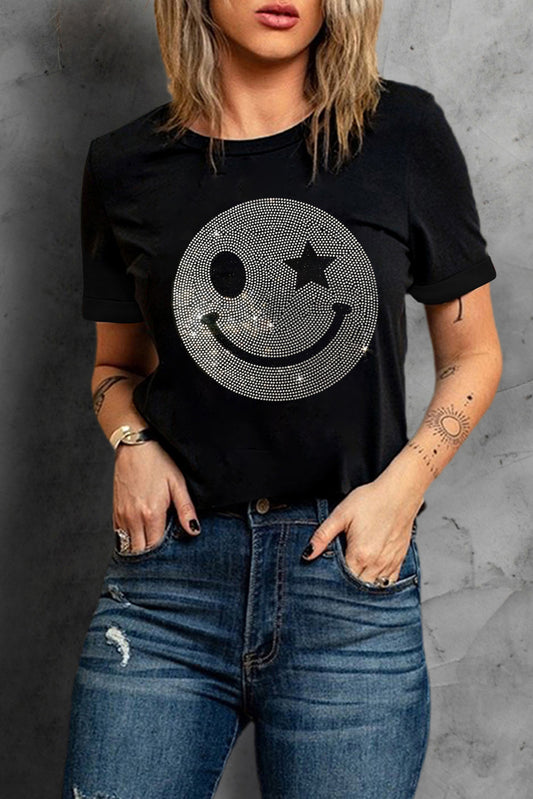 Black Sparkle Rhinestone Smiley Face Graphic T Shirt