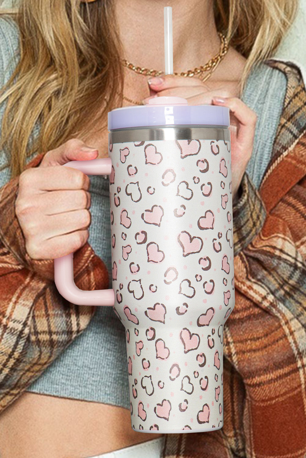 White Heart Print Stainless Portable Cup