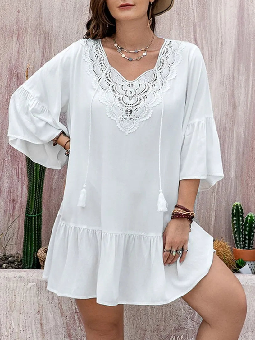 Plus Size Lace Detail Tie Neck Three-Quarter Sleeve Mini Dress