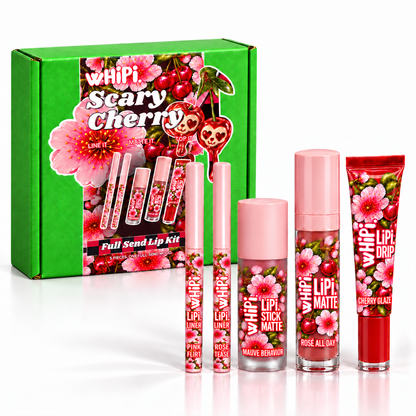 Scary Cherry Full Send Lip Kit, five lip products and closed green floral box