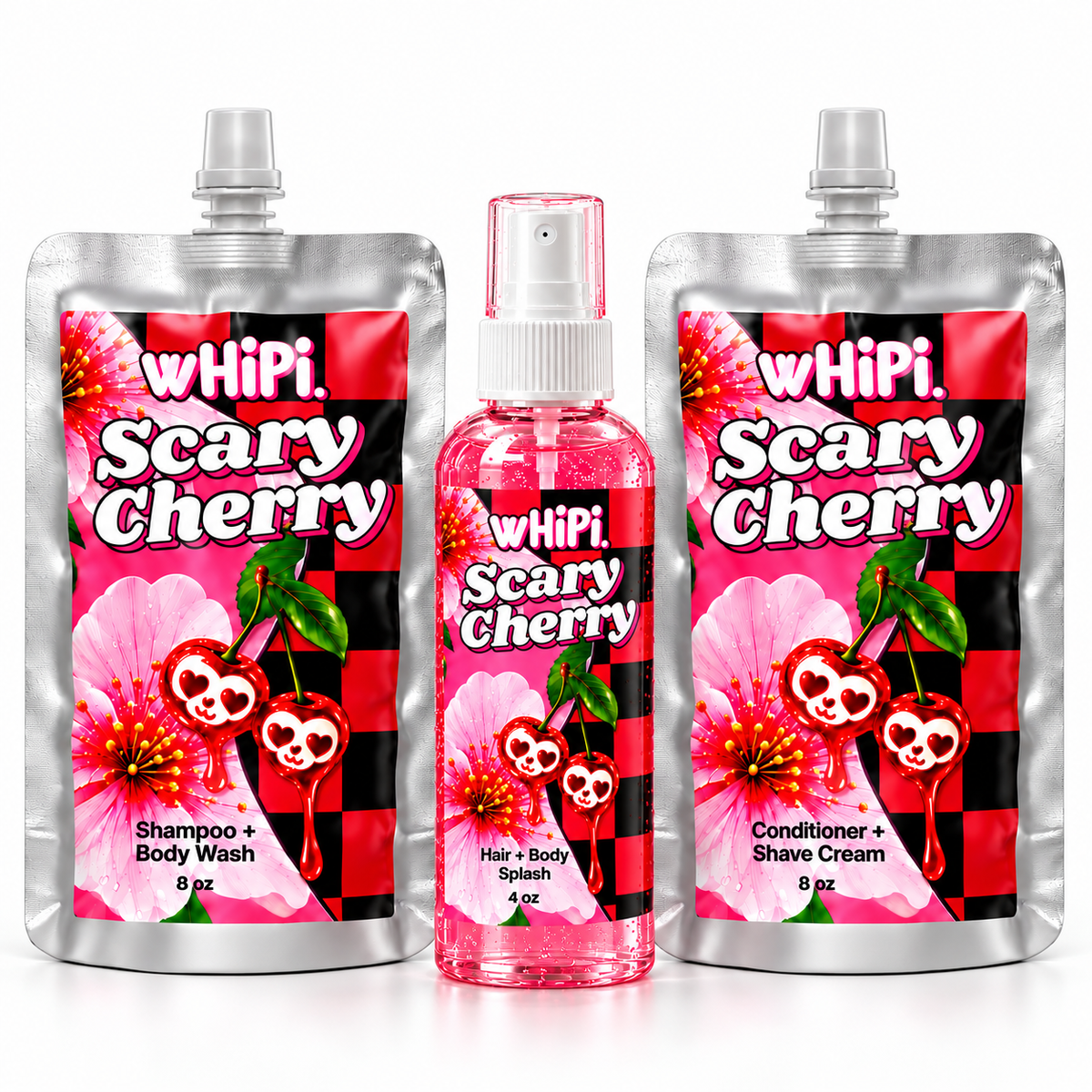Scary Cherry hair and body trio: 8 oz Shampoo + Body Wash, 8 oz Conditioner + Shave Cream and 4 oz Hair + Body Splash with white sprayer