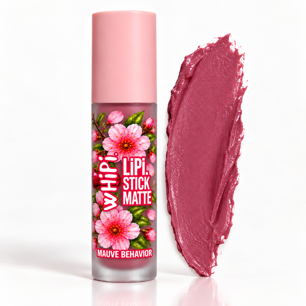 Mauve Behavior wHiPi. LiPi. with floral and cherry label and matching cosmetic color swatch