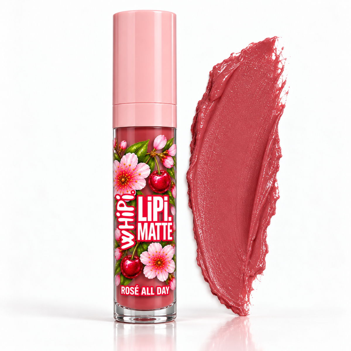 Rosé All Day wHiPi. LiPi. with floral and cherry label and matching cosmetic color swatch