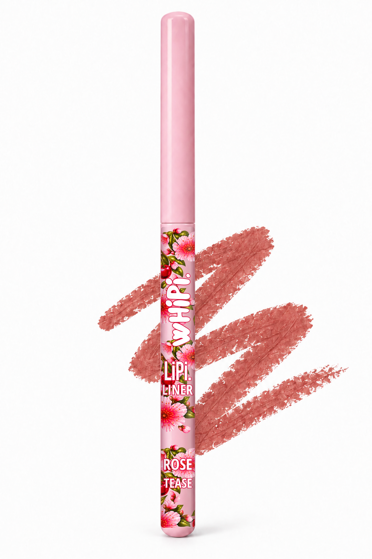 Rose Tease wHiPi. LiPi. with floral and cherry label and matching cosmetic color swatch