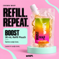One Crown Whip Boost 30 mL refill in the new clear pouch with a white spout cap, on a mint pedestal against pink.