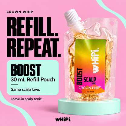 One Crown Whip Boost 30 mL refill in the new clear pouch with a white spout cap, on a mint pedestal against pink.
