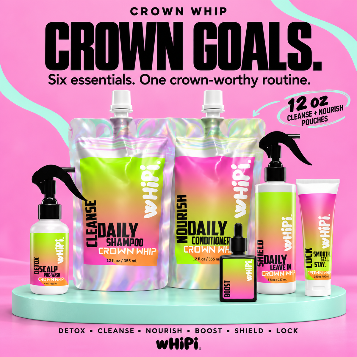 Crown Goals bag set: Cleanse and Nourish 12 oz pouches with Detox 4 oz, Boost 30 mL, Shield 8 oz and Lock 3 oz.