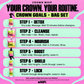 Crown Goals bag set routine: 1 Detox, 2 double Cleanse, 4 Nourish, 5 Boost, 6 Shield, 7 Lock. Repair, Restore and Polish sold separately.