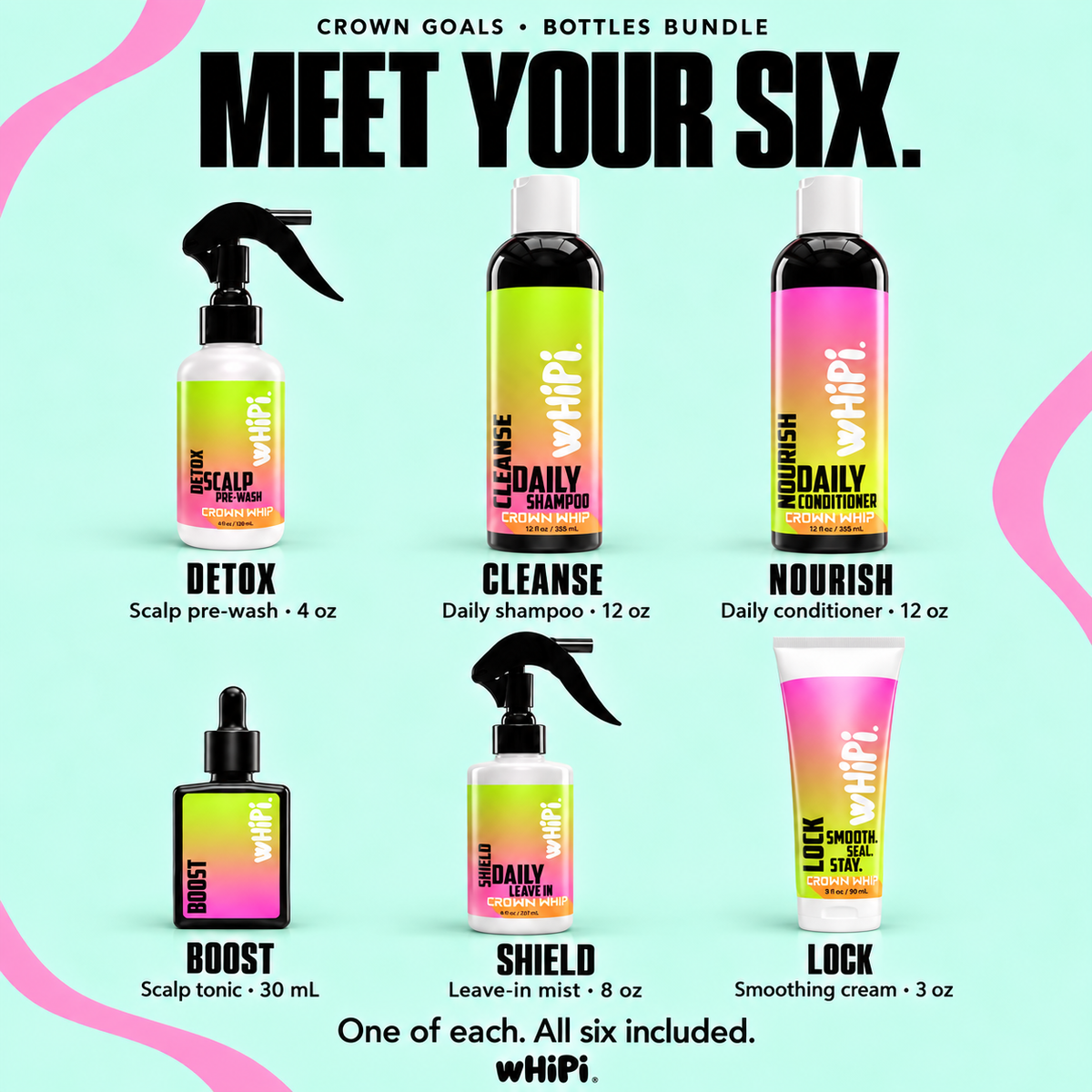 Six included products: Detox 4 oz, Cleanse 12 oz, Nourish 12 oz, Boost 30 mL, Shield 8 oz and Lock 3 oz.