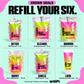 Five refill pouches and one Lock tube, one of each. Spray and dropper bottles are not included.