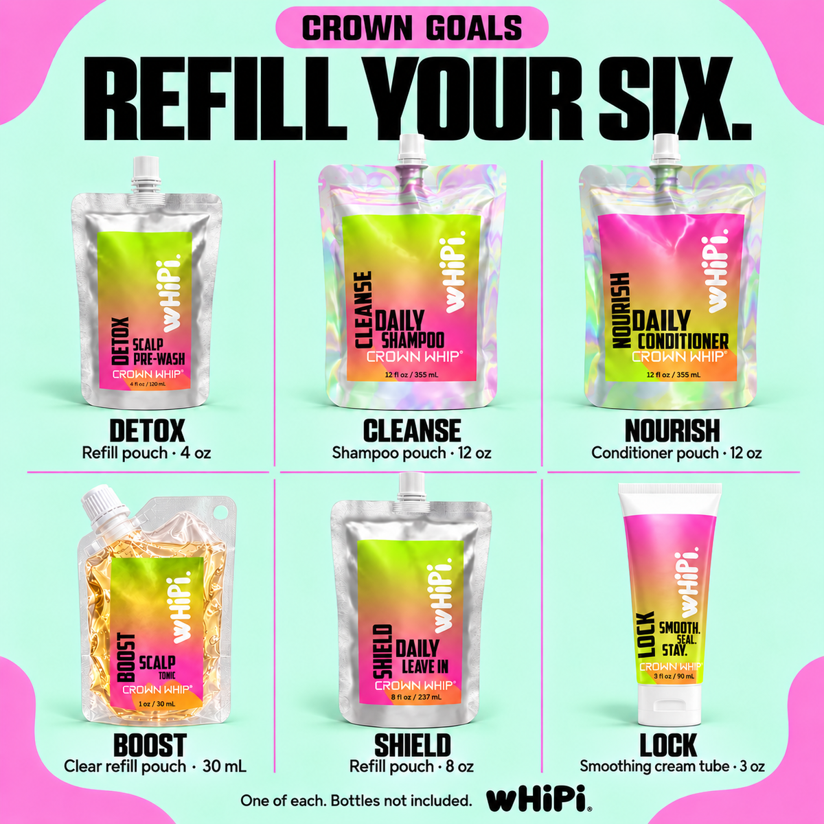 Five refill pouches and one Lock tube, one of each. Spray and dropper bottles are not included.