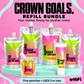 Crown Goals Refill Bundle with Detox 4 oz, Cleanse and Nourish 12 oz each, new clear Boost 30 mL pouch, Shield 8 oz refill, and Lock 3 oz tube.