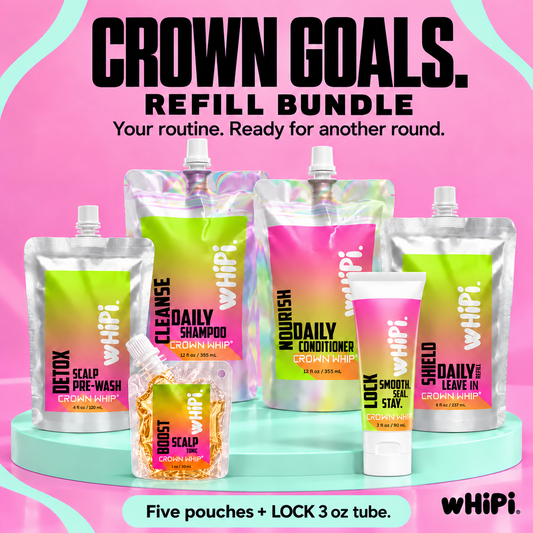Crown Goals Refill Bundle with Detox 4 oz, Cleanse and Nourish 12 oz each, new clear Boost 30 mL pouch, Shield 8 oz refill, and Lock 3 oz tube.