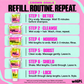 Crown Goals refill routine: 1 Detox, 2 double Cleanse, 4 Nourish, 5 Boost, 6 Shield, 7 Lock. Refill existing bottles before use.