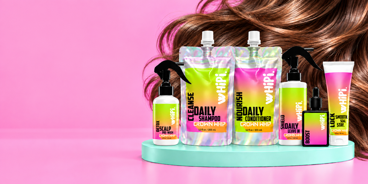 Crown Whip scalp-first bag bundle: Cleanse and Nourish pouches, Detox, Boost, Shield and Lock, with glossy hair on pink.