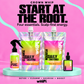Crown Whip Start at the Root bundle: Detox 4 oz bottle, Cleanse and Nourish 12 oz bags, and Boost 30 mL bottle on a mint platform against pink.
