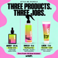 Three included products and their roles: Boost scalp care, Shield detangling and heat-protection prep, Lock smoothing and sealing.
