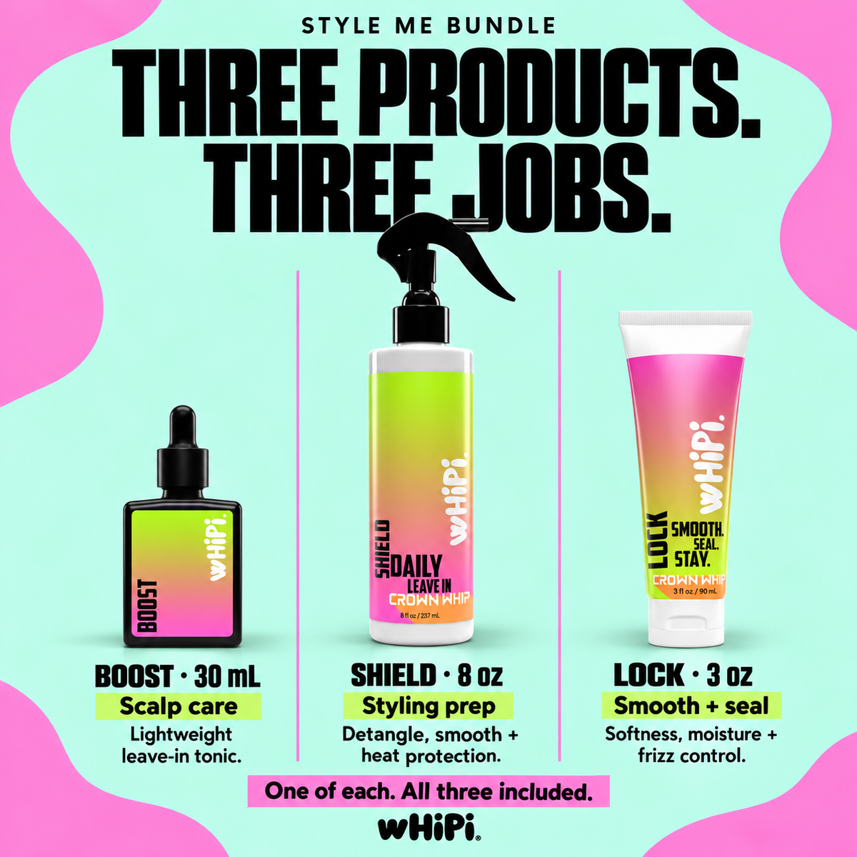 Three included products and their roles: Boost scalp care, Shield detangling and heat-protection prep, Lock smoothing and sealing.