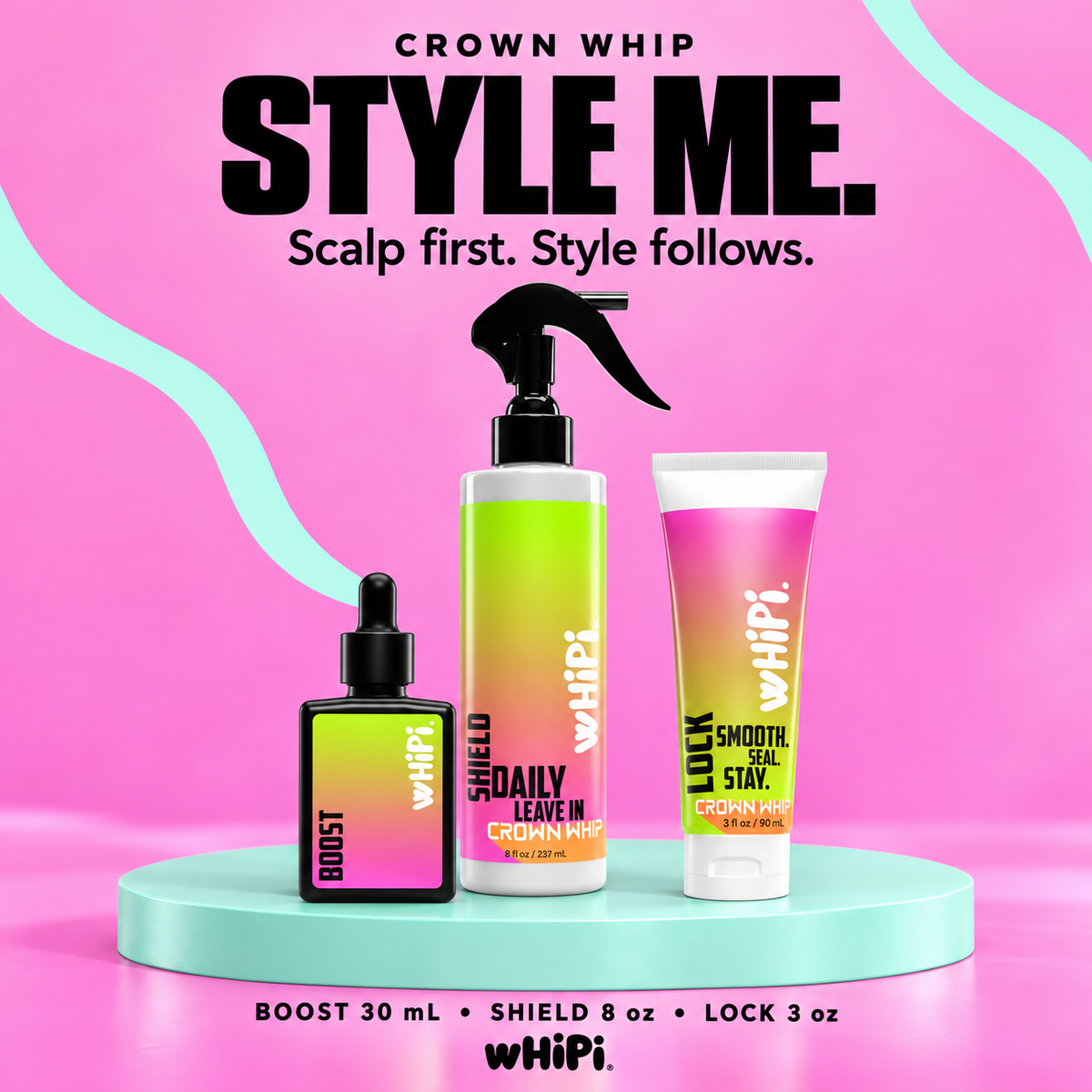 Style Me bundle: Boost 30 mL scalp tonic, Shield 8 oz leave-in mist and Lock 3 oz smoothing cream.
