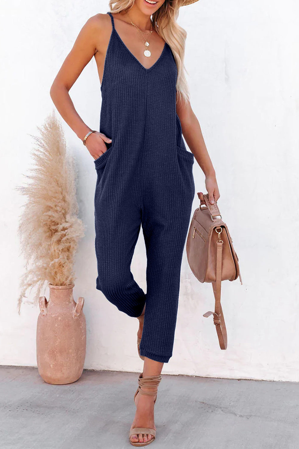 Textured Sleeveless V-Neck Pocketed Casual Jumpsuit