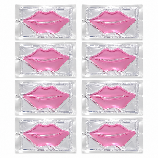 Happy Lip Mask pack of 8 pink single-use masks in individual clear and silver packets on white