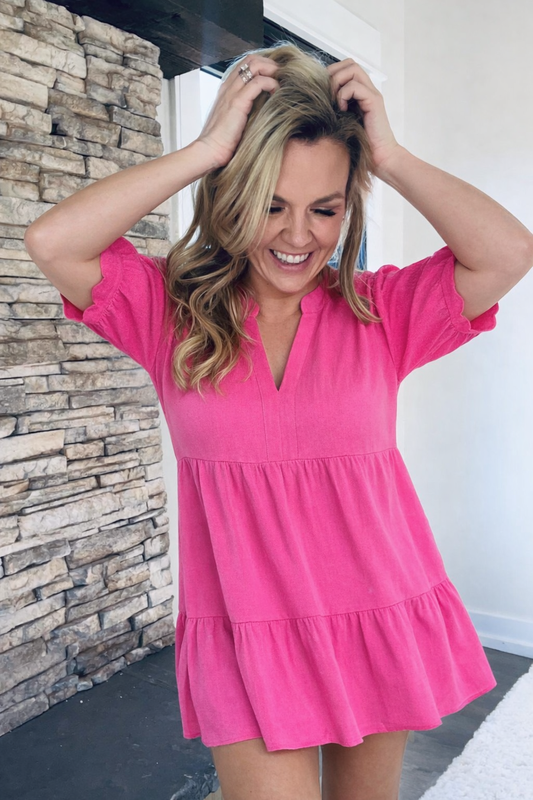 Umgee Linen Tiered Babydoll Dress with Scalloped Sleeves