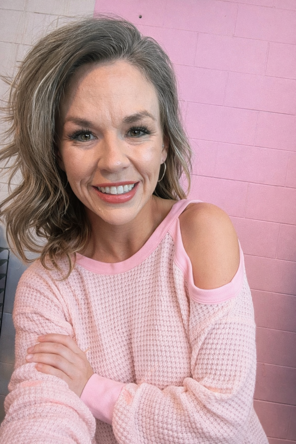 BiBi Popcorn Waffle Top with Cold Shoulder Detail