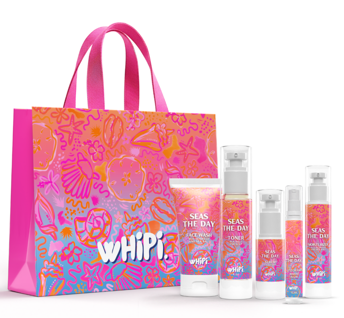 Seas The Day Marine Skin System with cleanser, toner, serum, eye cream, moisturizer and free bag on white