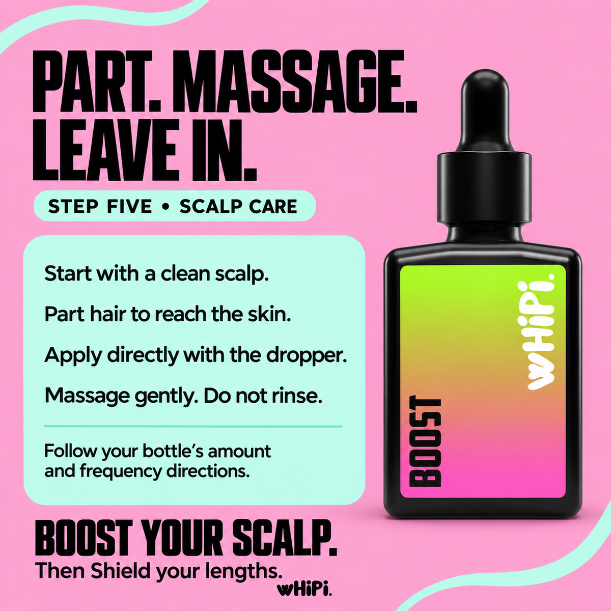 Crown Whip Boost leave-in scalp tonic — Part. Massage. Leave in.