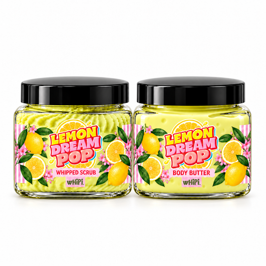 Lemon Dream Pop Body Duo — Scrub & Body Butter on a clean white background.