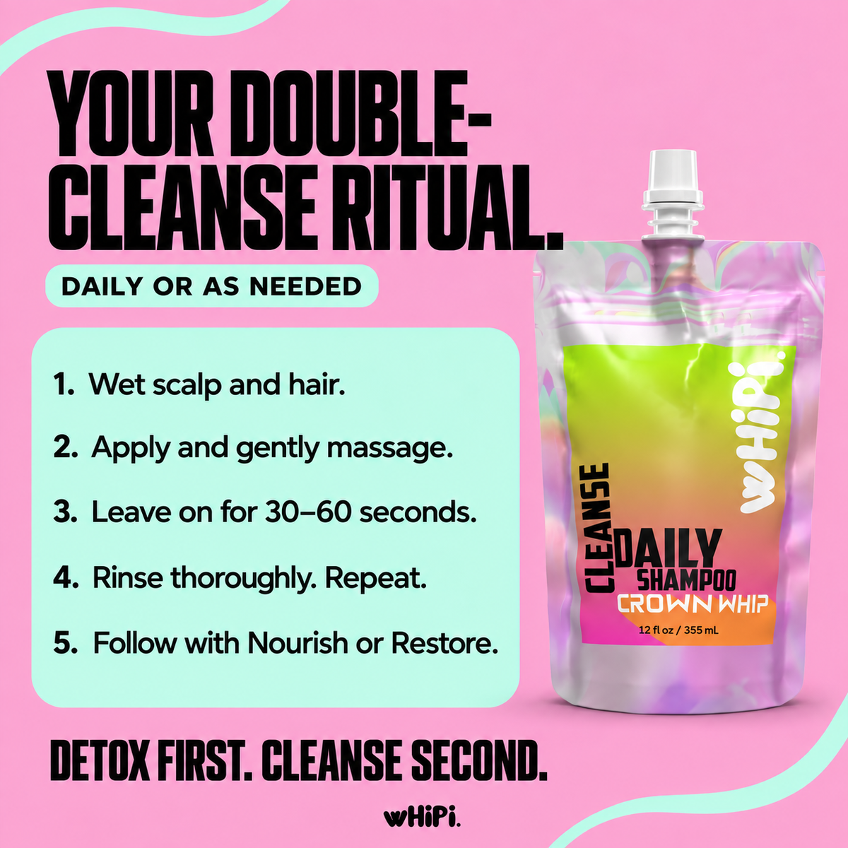 Cleanse directions: wet hair, apply and massage, leave on for 30–60 seconds, rinse and repeat, then condition.