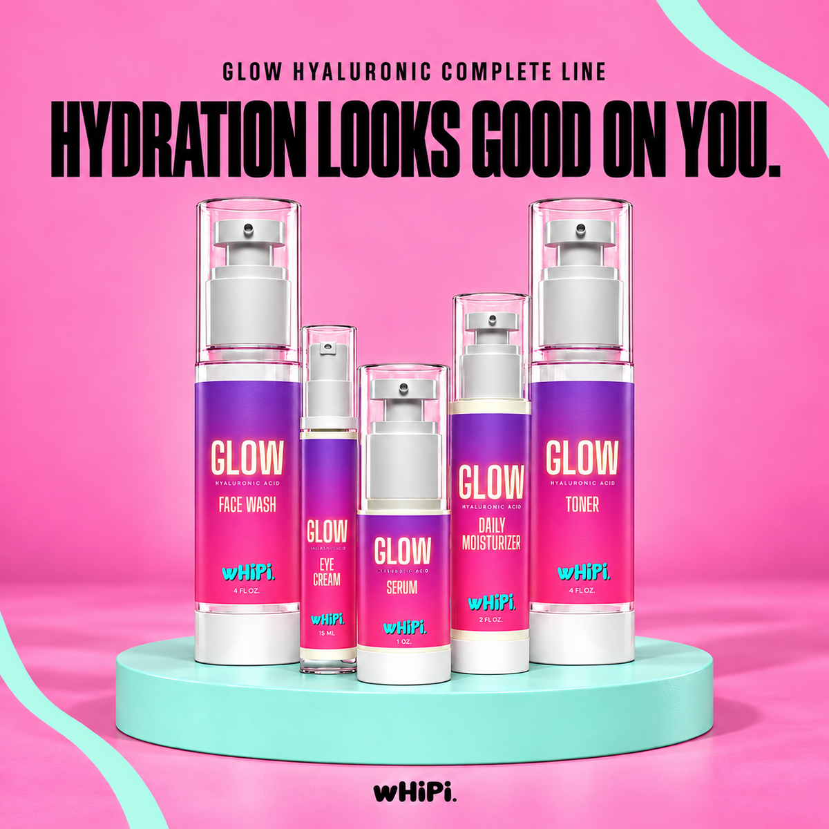 GLOW Hyaluronic Complete Line — five skincare essentials on a mint display against pink.