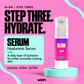 GLOW Hyaluronic Serum, Step Three: Hydrate. Daily hydration for softer, smoother-looking skin, shown on a mint pedestal against pink.
