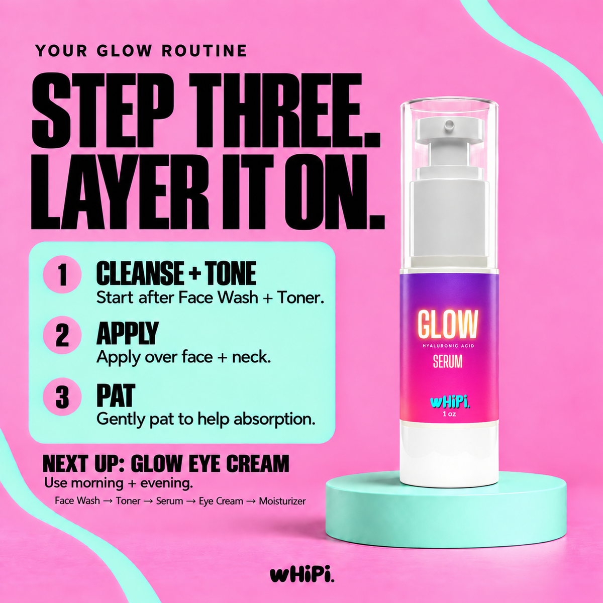 How to use GLOW Serum morning and evening: apply to face and neck after Face Wash and Toner, pat gently, then follow with Eye Cream and Moisturizer.