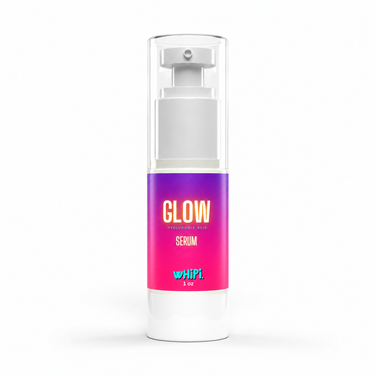 GLOW Serum product photograph on white with smooth purple-to-pink label.