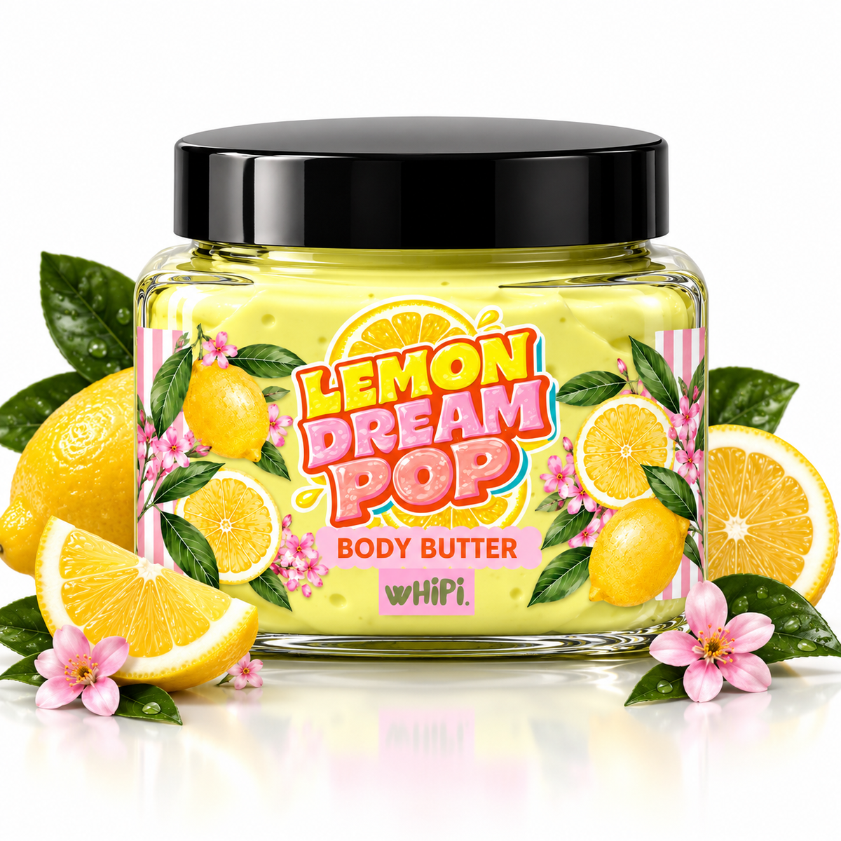 Lemon Dream Pop Body Butter by wHiPi., 8 oz moisturizer jar with black lid, lemons and pink flowers on white.