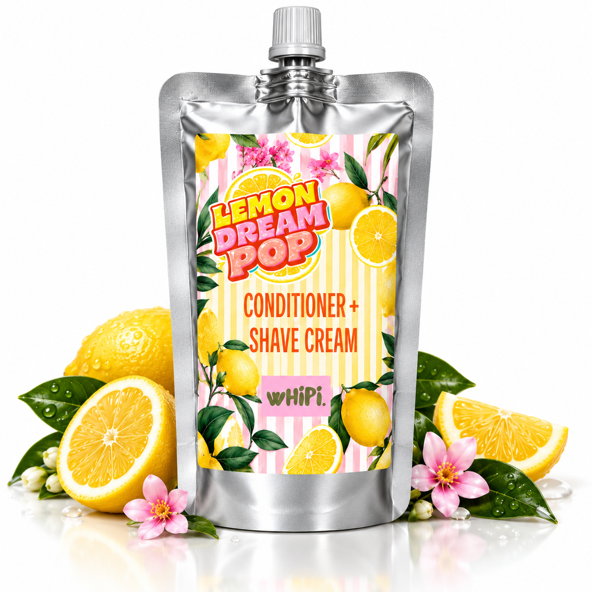 Lemon Dream Pop Conditioner + Shave Cream by wHiPi., silver spout pouch on white with lemons and pink flowers.