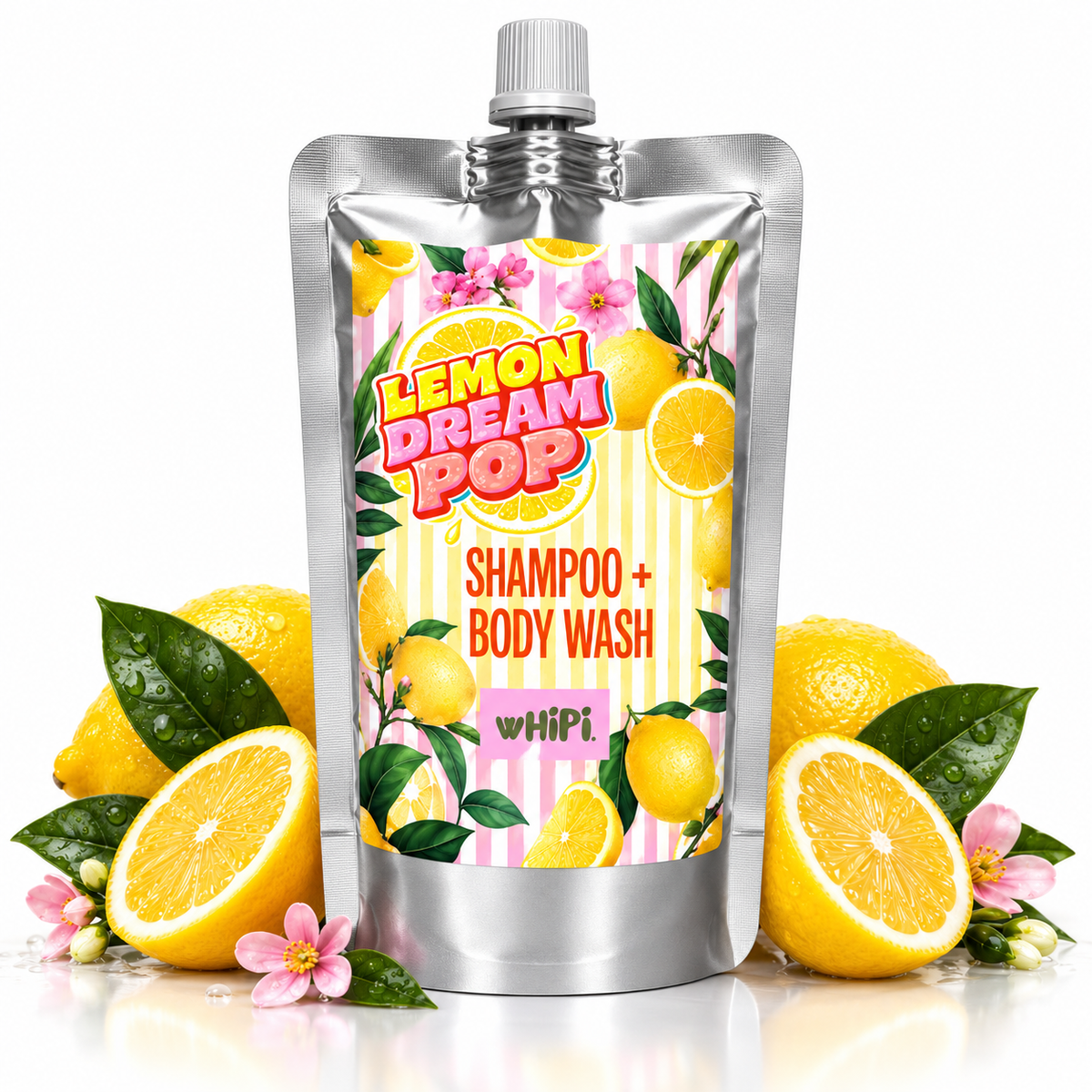 Lemon Dream Pop Shampoo + Body Wash by wHiPi., silver spout pouch on white with lemons and pink flowers.