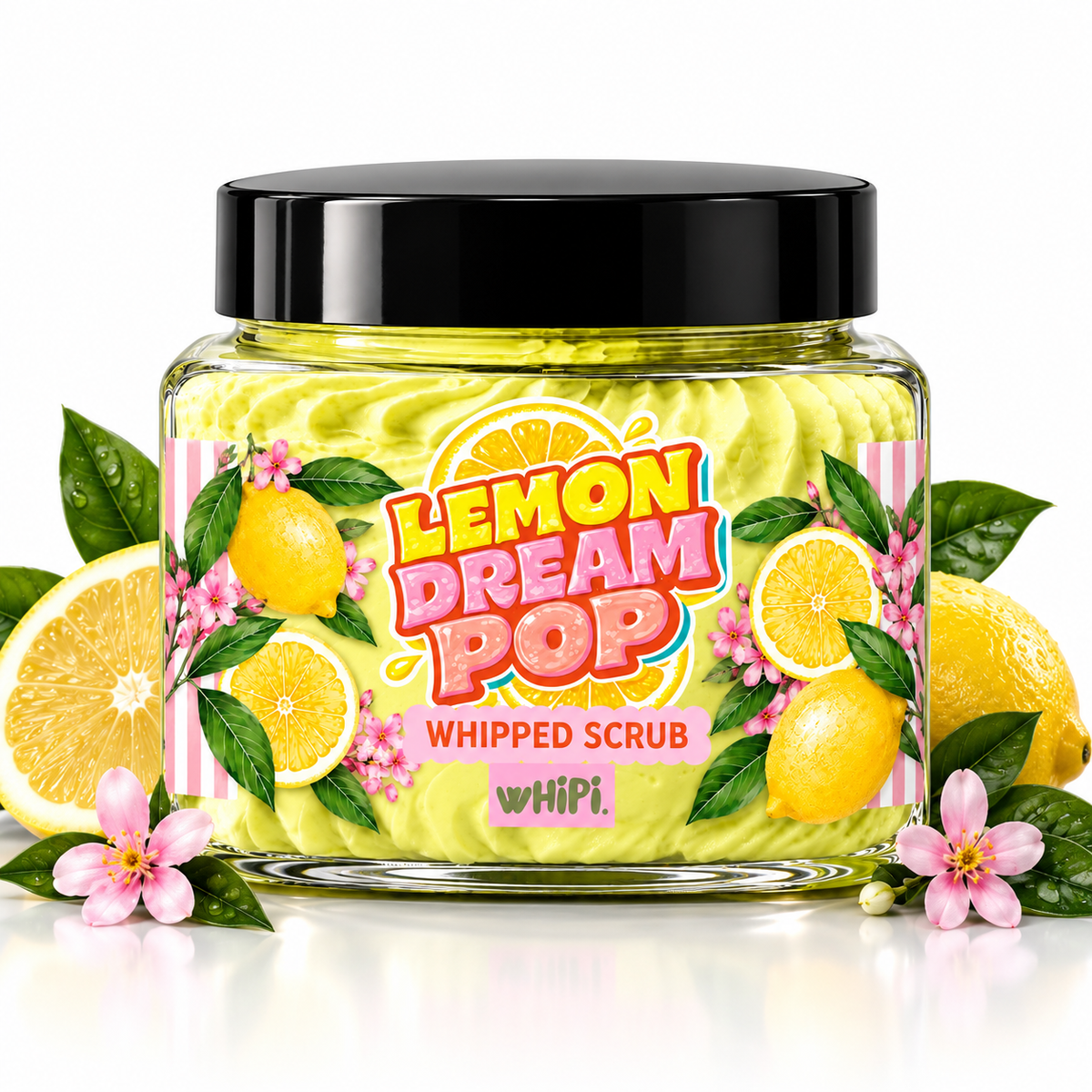 Lemon Dream Pop Whipped Sugar Body Scrub by wHiPi., 8 oz jar with black lid, lemons and pink flowers on white.