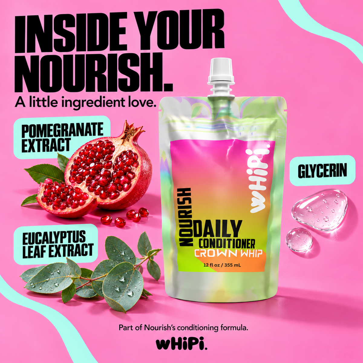 Nourish ingredient spotlight featuring pomegranate extract, eucalyptus leaf extract, and glycerin beside the 12 oz pouch.